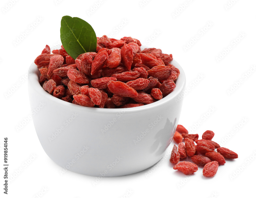 Dried goji berries in bowl isolated on white Dried goji berries in bowl isolated on white