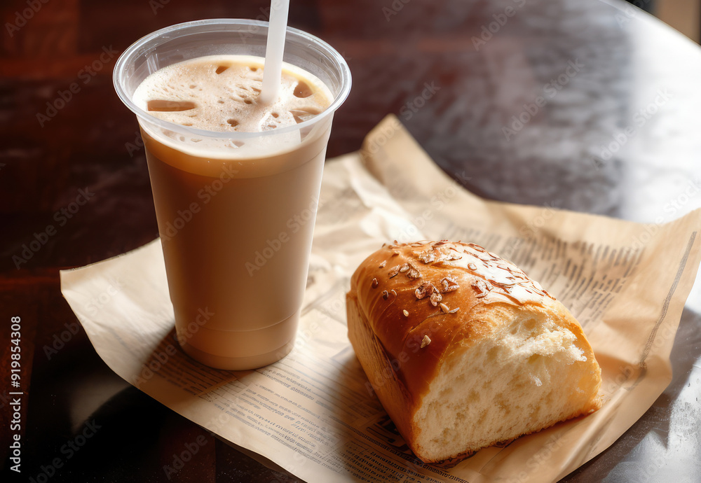 Iced offee ice Latte Americano Espresso cold drink beverage with cake bread as breakfast. Iced offee ice Latte Americano Espresso cold drink beverage with cake bread as breakfast.