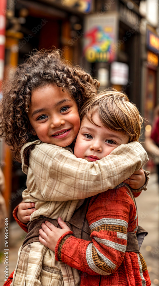 Two young children hugging each other on sidewalk in front of building.