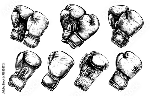 Boxing glove sketch set. Boxers gloves, fight competition symbol hand drawing sport gym emblem leather boxer equipment vector illustration