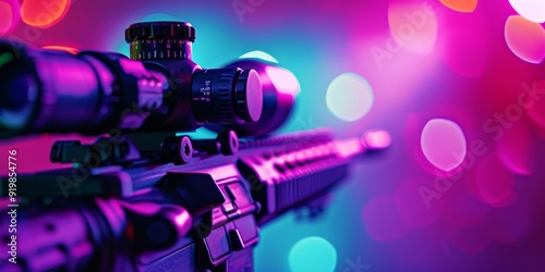 A striking and detailed closeup of a modern rifle featuring a scope, set against an abstract and colorful backdrop