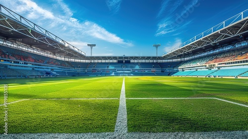 Empty nobody soccer stadium field with blue sky, soccer background