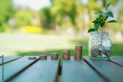Concept of sustainable money growth investment with glass jar filled with money savings and coin stack represent eco-friendly financial investment nurtured with nature. Gyre