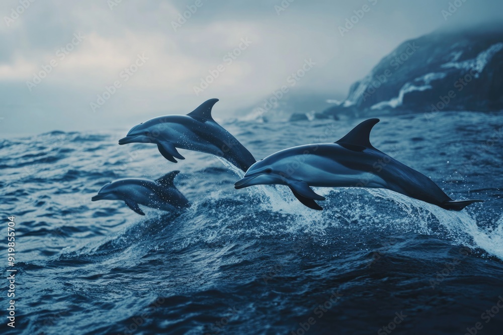 Fototapeta premium Dolphins leaping from ocean