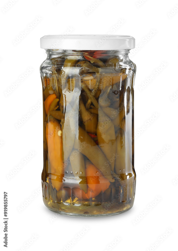 Tasty pickled jalapeno peppers in jar isolated on white Tasty pickled jalapeno peppers in jar isolated on white
