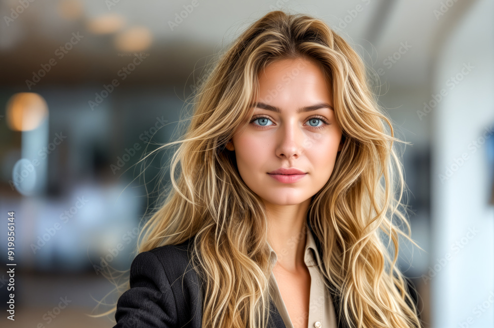 Obraz premium Woman with long blonde hair and blue eyes is posing for picture.