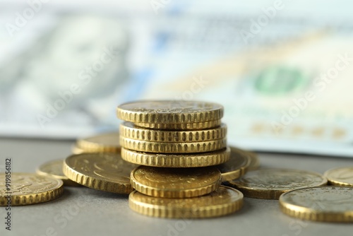 Many euro coins on grey background, closeup