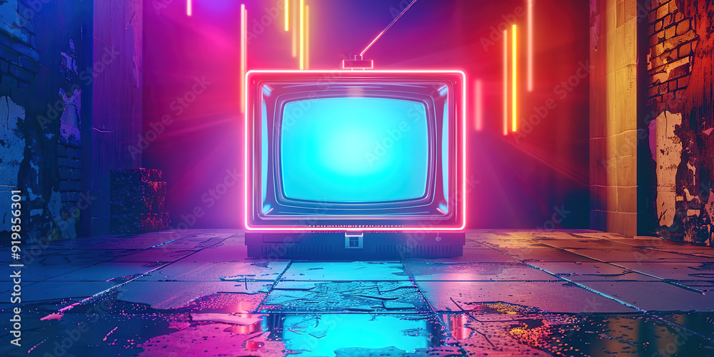 © ConceptStudio - Antique TV on a neon background