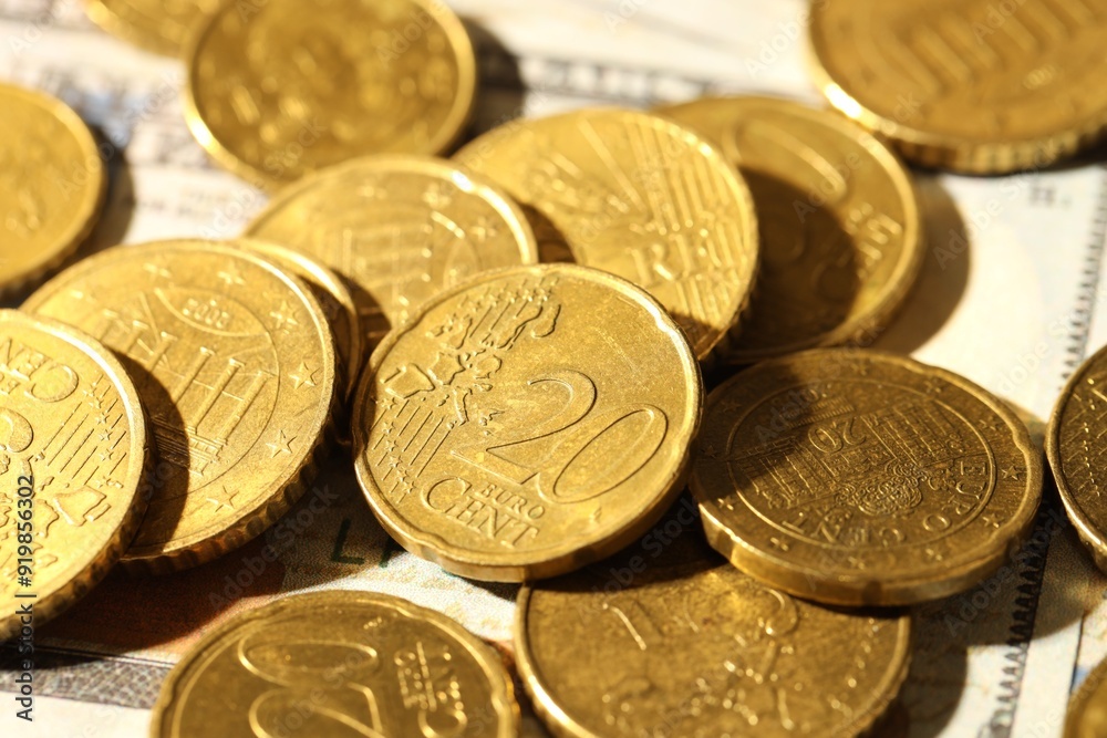 Many euro coins on dollar banknotes, closeup Many euro coins on dollar banknotes, closeup
