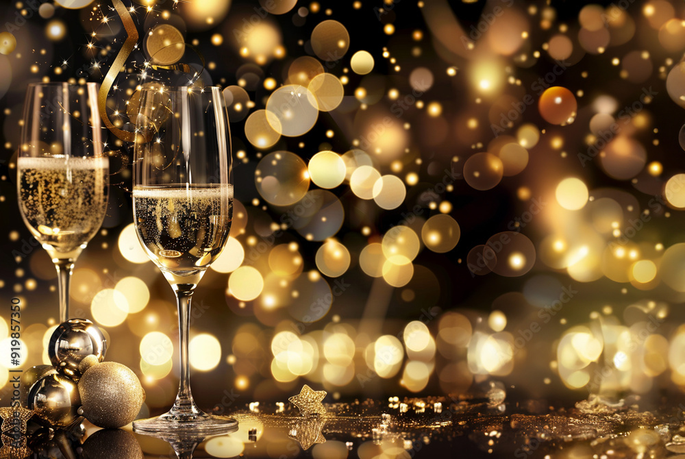 Festive holiday background with champagne glasses and golden bokeh with copy space Festive holiday background with champagne glasses and golden bokeh with copy space