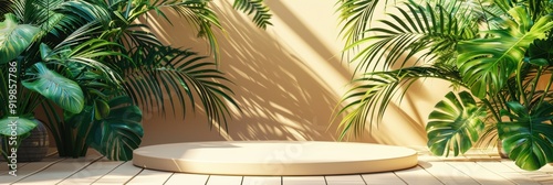 Sunlit Geometric Platform Surrounded by Lush Green Palm Leaves