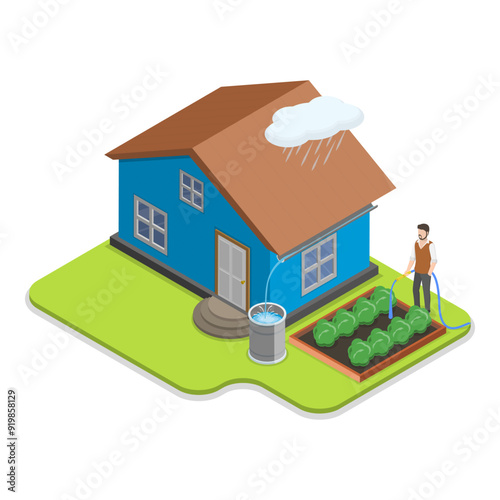 3D Isometric Flat Vector Illustration of Rooftop Garden, Patio on Cityscape. Item 2