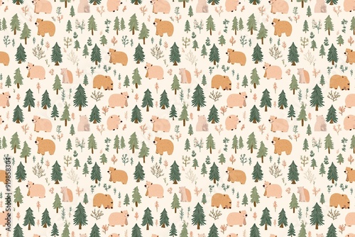 Charming seamless forest pattern with adorable cartoon bears and pine trees in soothing pastel colors