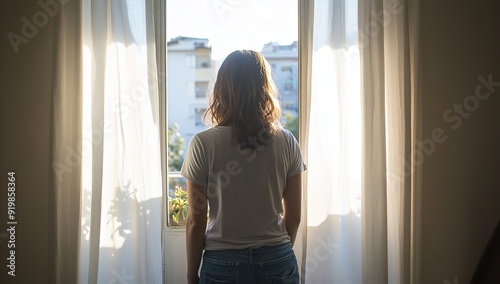 Woman in Her Thirties Gazing Out from Apartment Window with Sunlight Streaming Through, Wearing Jeans and T-Shirt, Simple and Comfortable Room with Minimalist Decor Free Download Woman in Her Thirties Gazing Out from Apartment Window with Sunlight Streaming Through, Wearing Jeans and T-Shirt, Simple and Comfortable Room with Minimalist Decor - GFXLoad
