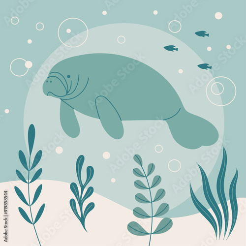 A flat art vector illustration featuring a Manatee.