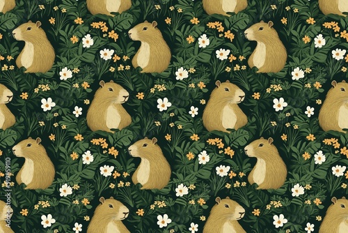 Charming capybara pattern with lush tropical foliage in forest green tones