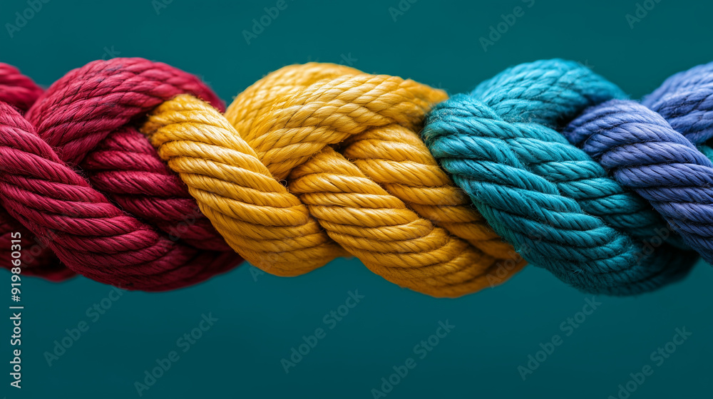 Team building and team strengthening concept symbolised with colorful ropes, created with generative AI technology Team building and team strengthening concept symbolised with colorful ropes, created with generative AI technology