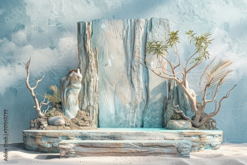 Driftwood Sculpture Displaying Natural Patterns Amidst Serene Coastal Ambiance photo