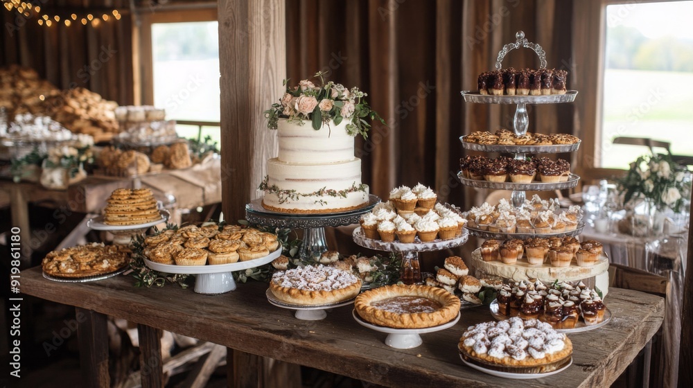 A beautifully arranged dessert table features a tiered wedding cake, assorted pastries, and cupcakes in a rustic setting, perfect for a wedding celebration.