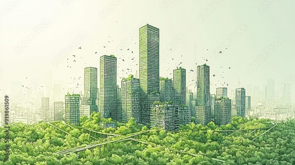 Sustainable green infrastructure weaving through a modern city Sustainable green infrastructure weaving through a modern city