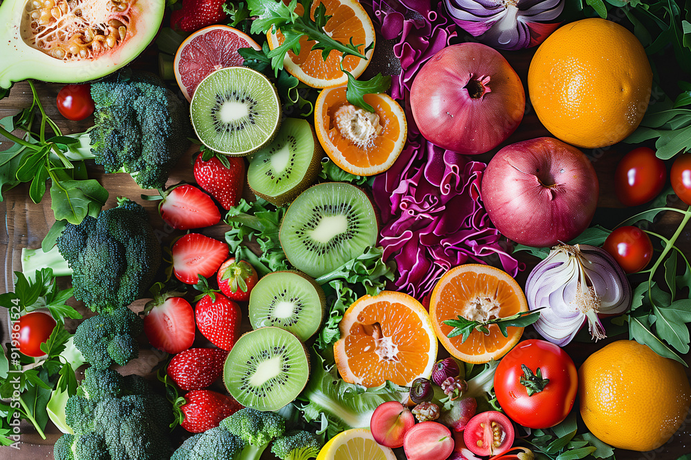 Assorted fresh fruits and vegetables on a wooden table. Assorted fresh fruits and vegetables on a wooden table.