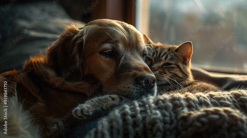 custom made wallpaper toronto digitalA heartwarming image of a dog and cat sitting together, highlighting their adorable bond and cozy companionship.