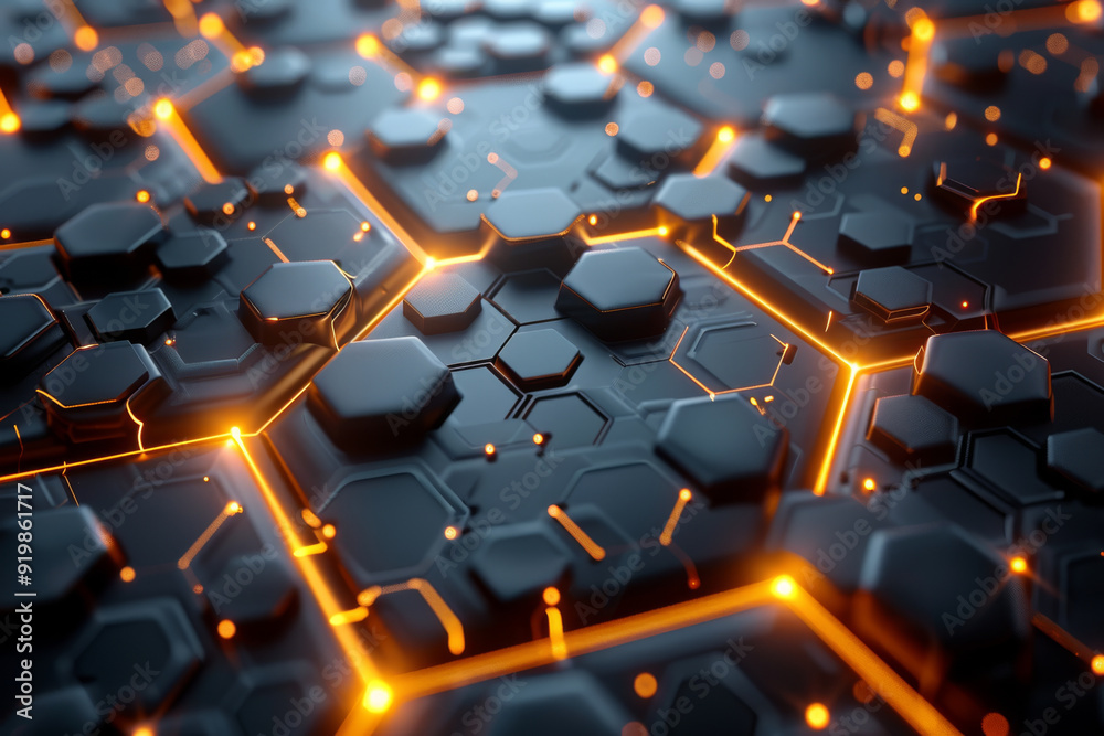 Fototapeta premium Abstract futuristic hi-tech pattern of hexagonal tiles illuminated with orange lights. Hexagons creates advanced technology or digital interface for background.