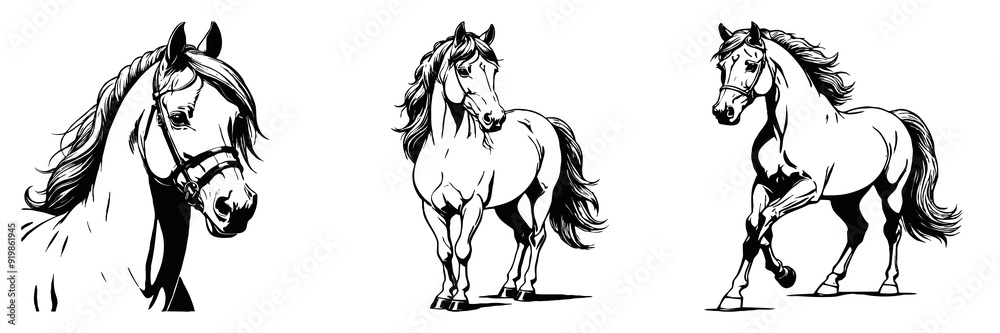 Horse . Black and white animal graphics. Logo design for use in graphics. Print for T-shirts, design for tattoos. Horse . Black and white animal graphics. Logo design for use in graphics. Print for T-shirts, design for tattoos.