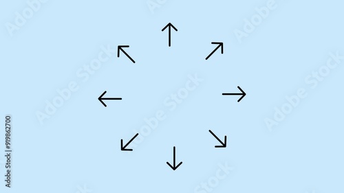 Arrows pointing outwards. Attention grabbing animation. Space for product, item, icon or picture in the middle. Multifunktional animation. Bright blue background and green screen background.