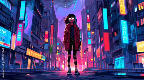 Cartoon girl on night street. Young lady alone at city road neon light urban futuristic downtown background, modern female person in glasses anime art poster vector illustration