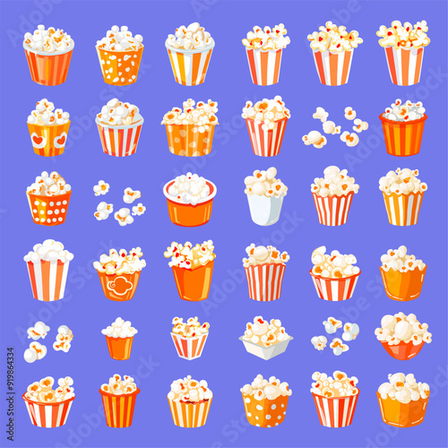 Cartoon popcorn set. Popcorns buckets for cinema, pop corn bucket snack box film food container vector illustration