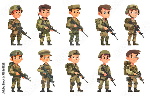 Cartoon soldiers. Soldier characters set, military person army man helmet uniform camouflage ammunition combat weapon officer protection security warrior infantry force vector illustration