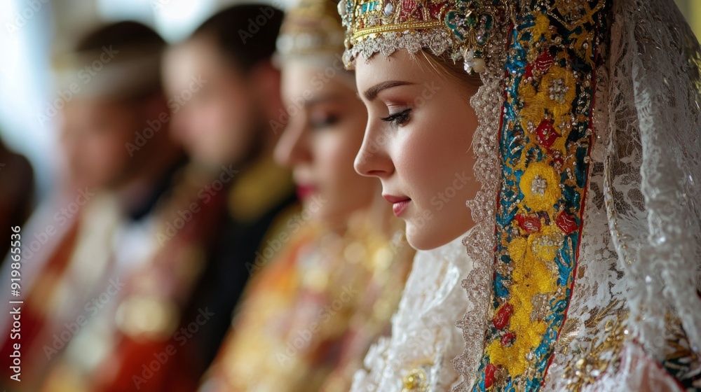 A bride adorned with an elaborate headdress and vibrant attire participates in a traditional ceremony alongside other guests. A bride adorned with an elaborate headdress and vibrant attire participates in a traditional ceremony alongside other guests.