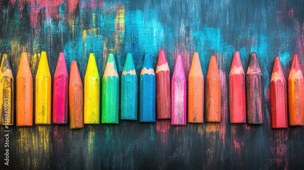 A Row of Colorful Crayons on a Dark Background A Row of Colorful Crayons on a Dark Background