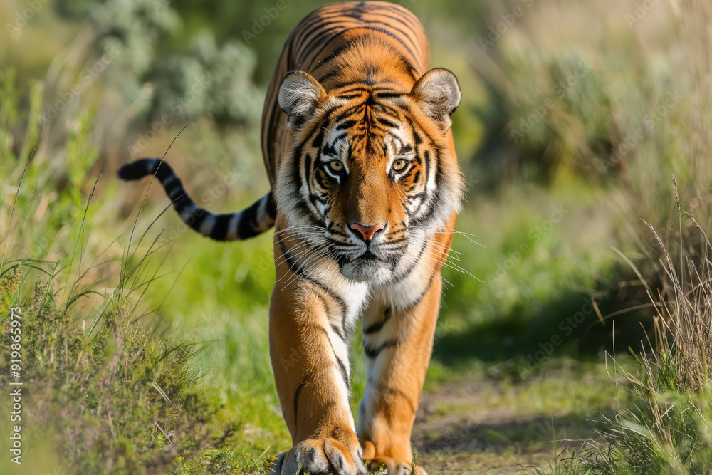 Fototapeta premium A tiger is walking through a grassy field