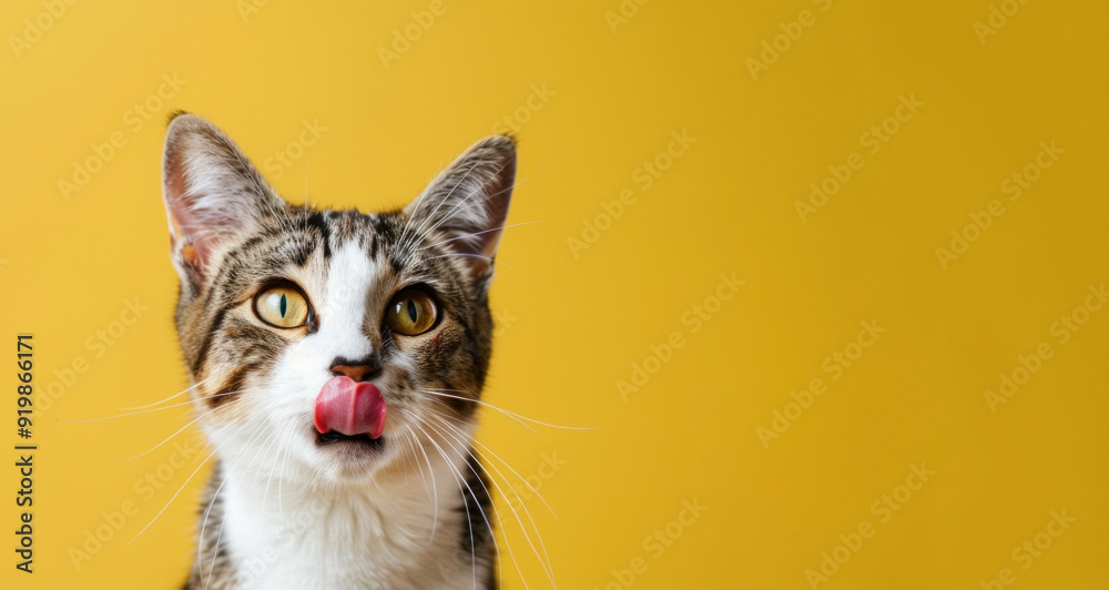 The cat licks itself after eating and looks at the camera. The cat is on a yellow background. The cat licks itself after eating and looks at the camera. The cat is on a yellow background.