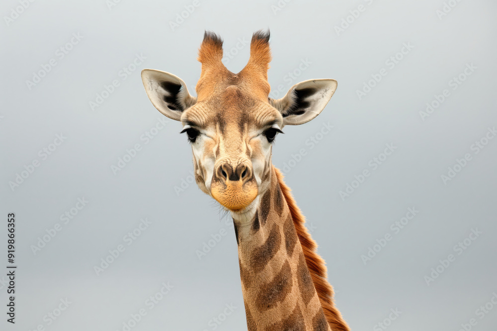 Obraz premium A giraffe is looking at the camera with its mouth open