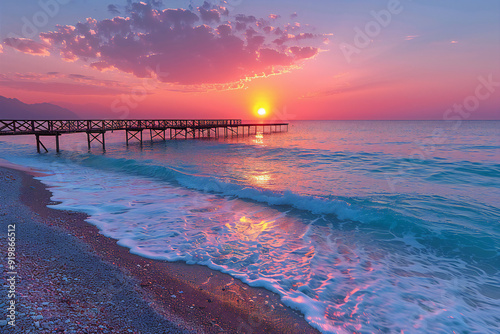 Fototapeta Naklejka Na Ścianę i Meble -  Turkish Beach Sunset with Pier