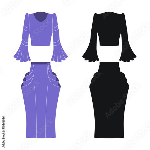 Blouse and skirt silhouette, womens suit, wardrobe