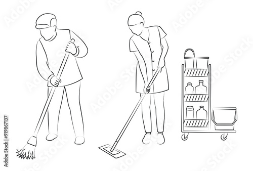 Maid, janitor, worker. Profession, work, hobby