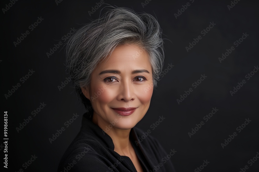 Confident mature asian woman smiling on black background