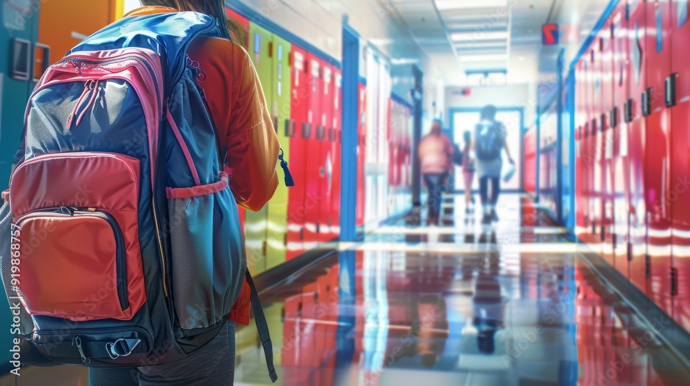 Naklejka premium Colorful Backpack in Vibrant School Hallway with Students Passing By for Back-to-School Theme