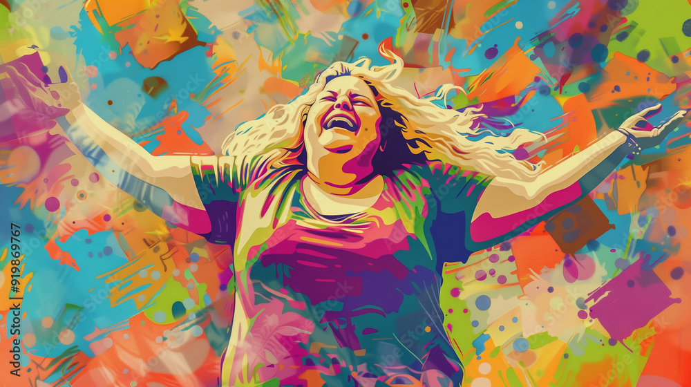 Joyful plus-size woman dancing in vibrant abstract setting. Joyful plus-size woman dancing in vibrant abstract setting.