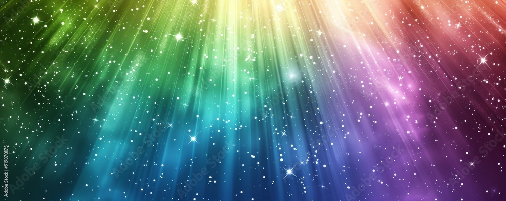 Colorful gradient background with stars and light beams in blue and purple hues