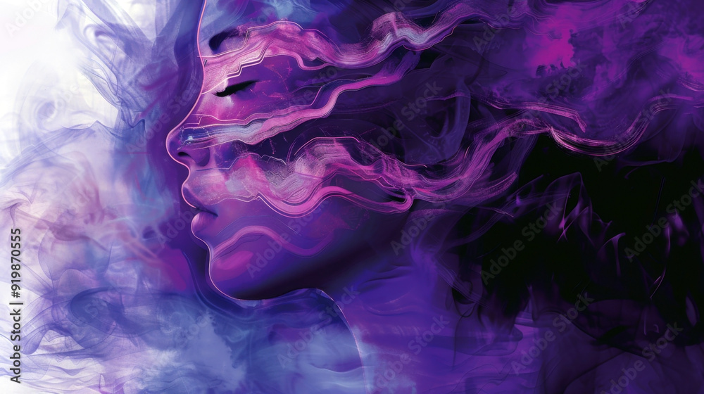 Woman with closed eyes, purple waves around, light background. Epilepsy Awareness Month. Horizontal banner. Copy space. Central Nervous system disorder, neurological problem. Alzheimer's disease Day Woman with closed eyes, purple waves around, light background. Epilepsy Awareness Month. Horizontal banner. Copy space. Central Nervous system disorder, neurological problem. Alzheimer's disease Day