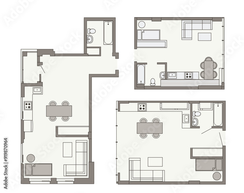 Set of engineering drawings of various apartments with furniture. Vector illustrations are isolated from a light background. Ideal for architects, interior designers and engineers.