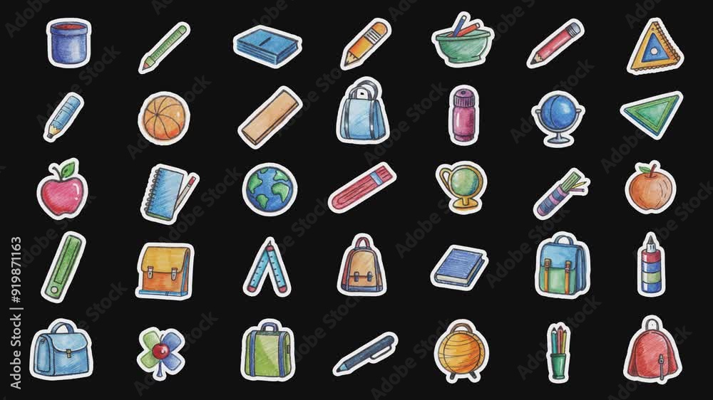 Set of colored icons of school supplies with white outline moving ...