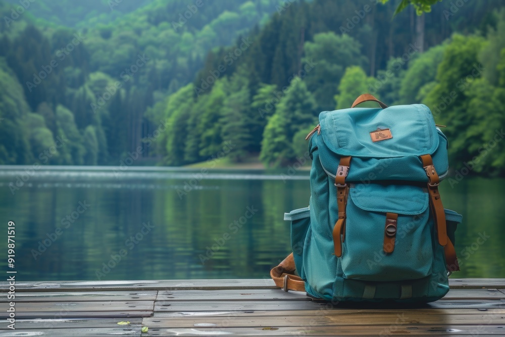 Obraz premium Eco-Friendly School Backpack Displayed on Wooden Deck by a Serene Lakeside