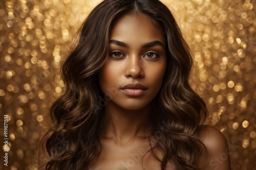 Retrato de hermosa mujer negra con cabello largo en fondo dorado y brillante