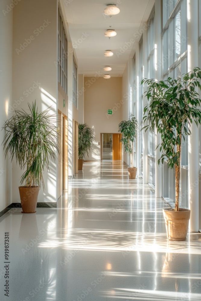 Long Hallway with Potted Plants Long Hallway with Potted Plants